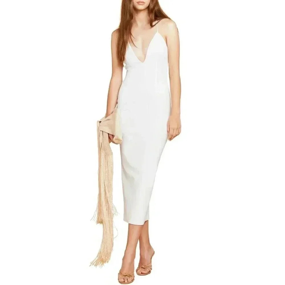 Katie May Ivory Deep V-Neck Open Back Sleeveless Cocktail Midi Dress Size M
